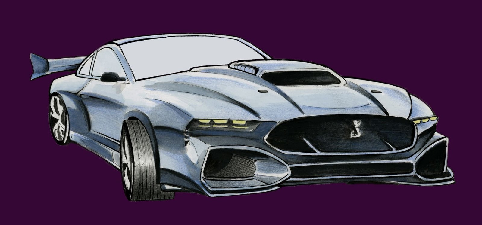 Aquarell-Karikatur eines Ford Mustang Shelby GT500, Originalzeichnung von Sébastien Rieu